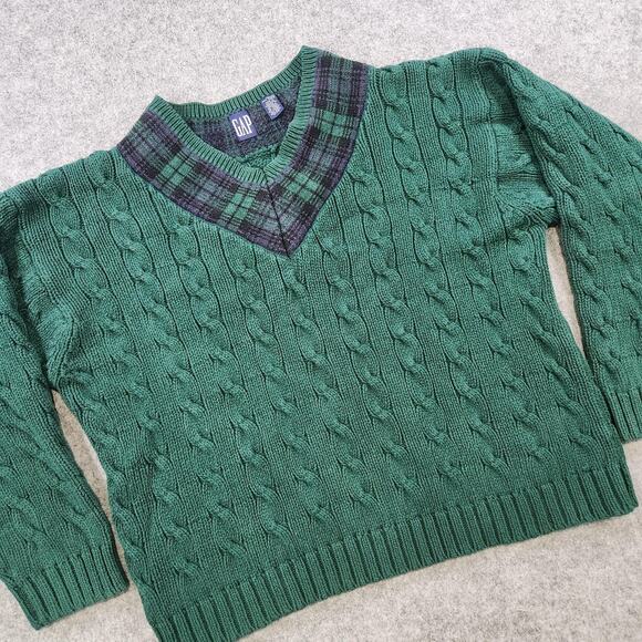 VTG GAP Sweater Womens XL Green Cable Knit Plaid V Neck Cotton Pullover Preppy - Picture 2 of 12